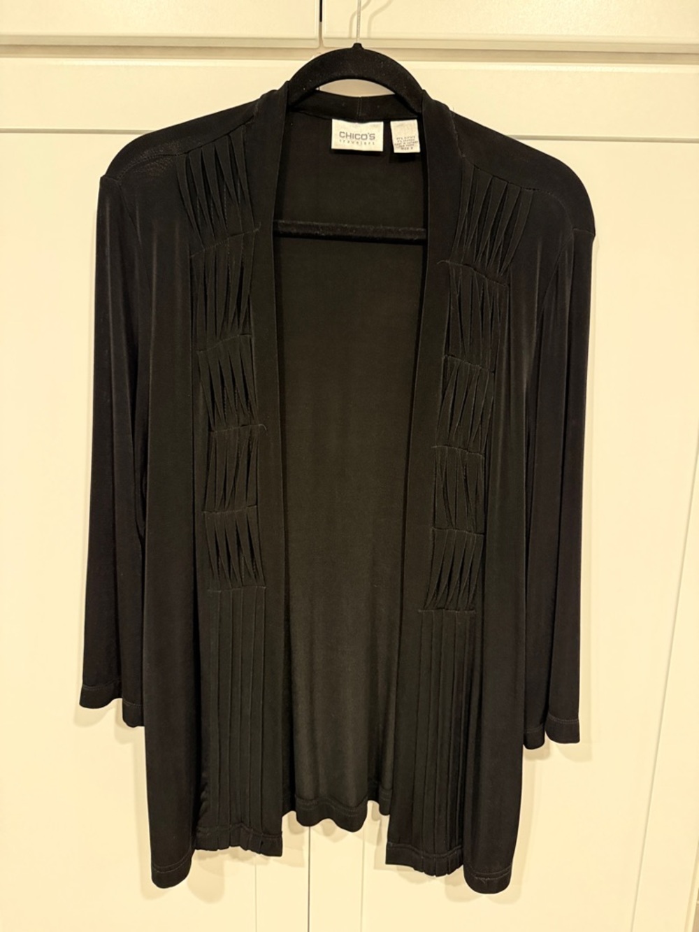 Chico's Black Open-Front Pleated Panel Cardigan